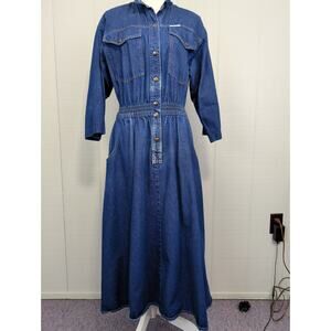 Vintage Dreams Denim MED Midi Dress Snap Up Elastic Waist Pockets Western 80s 90